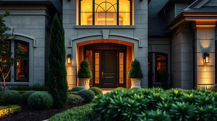 Modern Home Exterior with Landscape Lighting at Night