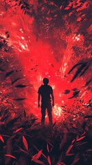 Silhouette of a Man in a Red Forest: A Journey into the Unknown