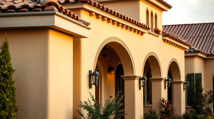 Fototapeta premium A Mediterranean-style house with tan stucco walls, terracotta tile roofing, and multiple arched entryways. Exterior light fixtures are visible on the exterior walls, landscaping is present.