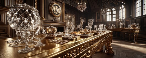 Elegant dining setup featuring ornate tableware in a luxurious interior.