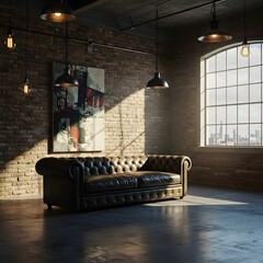 An industrial loft-style living room with exposed brick walls, metal lighting fixtures, and a leather couch