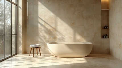 Sunlit modern bathroom with freestanding tub, wooden stool, and large window.