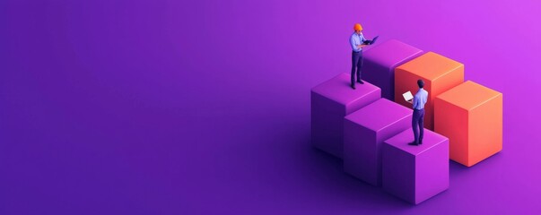 Two figures stand on colorful blocks, representing teamwork, growth, and achievement against a vibrant purple background.