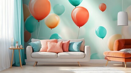 Modern wallpaper featuring coral orange and turquoise balloons soaring gracefully in bright sunlight