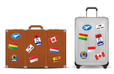 Set illustration of two travel suitcases decorated with various destination stickers. The brown suitcase and the silver rolling suitcase are covered in stickers representing popular travel destination