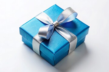 Obraz premium Blue Gift Box with Silver Ribbon - Elegant Present on White Background for Design