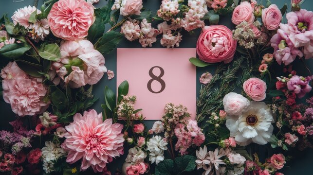 Flat lay of a calendar highlighting March 8th for International Women's Day, surrounded by flowers.