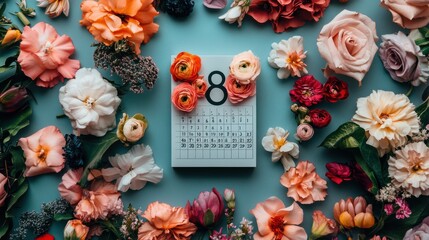 Flat lay of a calendar highlighting March 8th for International Women's Day, surrounded by flowers.