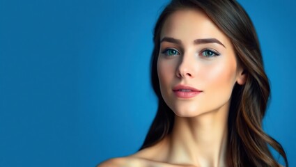 Obraz premium Close-up of a young woman with long, dark hair and a serious expression. She has defined eyebrows and natural-looking makeup