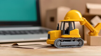 Fototapeta premium A toy construction vehicle with a yellow hard hat is placed on a desk next to a laptop and cardboard boxes.