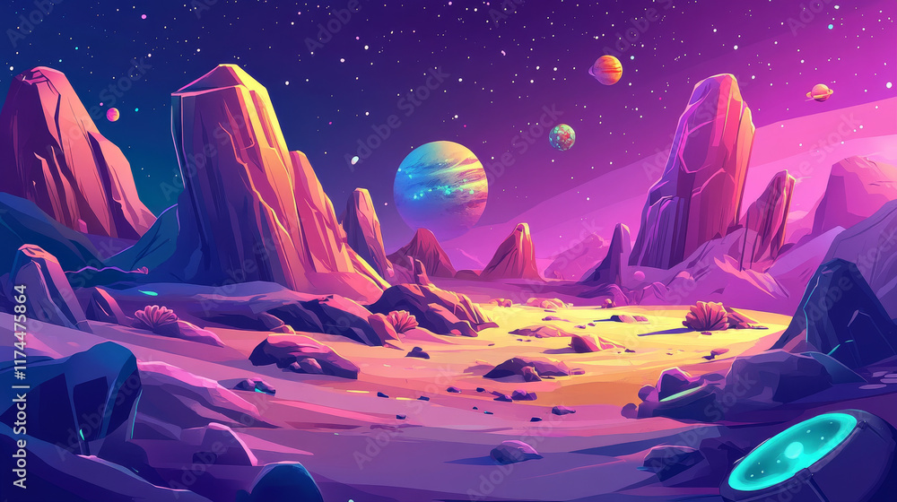 Poster galaxy space vector map level game ui background. fantasy alien spaceship flying on asteroid platfor