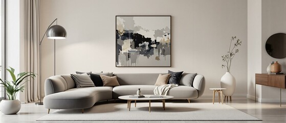 Stylish living room with a curved sofa, modern art, and a large floor lamp. Neutral colors and minimalist design offer a perfect space for relaxation.