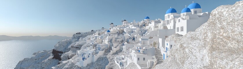Fototapeta premium A picturesque view of white buildings with blue domes on a hillside by the sea.