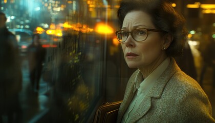 Professional Woman Gazing Through City Window at Night Reflective