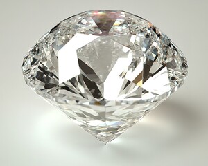 Close-up of a sparkling diamond showcasing intricate facets and dazzling reflections on gray