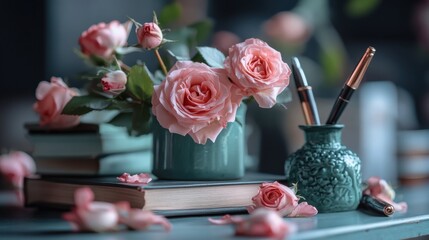 National Women's History Month celebration concept with books, roses, and a pen on a desk