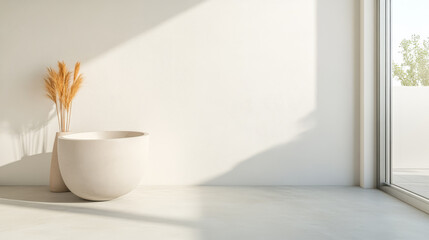 Fototapeta premium Modern minimalistic interior design with natural elements and abundant light in a spacious room