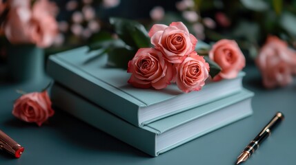 National Women's History Month celebration concept with books, roses, and a pen on a desk