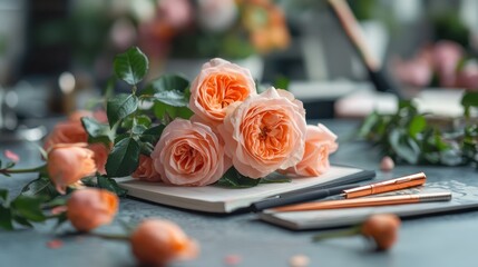 National Women's History Month celebration concept with books, roses, and a pen on a desk