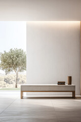 Modern minimalist interior showcasing natural light and serene outdoor view with a tree