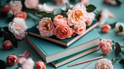 National Women's History Month celebration concept with books, roses, and a pen on a desk