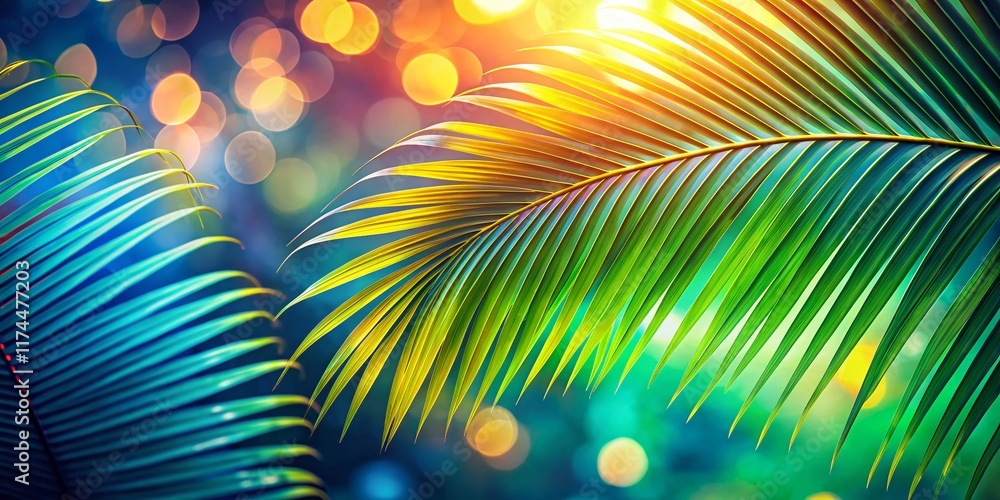Poster bokeh effect painted palm leaf pattern background stock photo