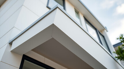 Obraz premium Low-angle close-up of a modern building's exterior. White stucco siding, dark window frames, and a prominent white eaves overhang are visible. A portion of another building is seen in the background