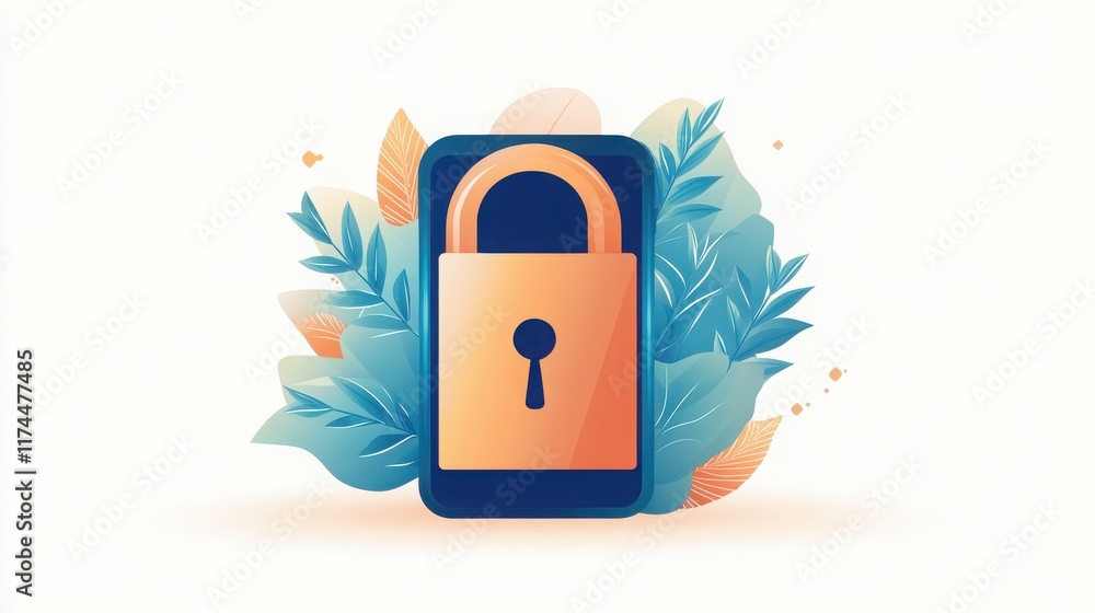 Poster a smartphone with a padlock graphic symbolizing data security and privacy, surrounded by colorful le