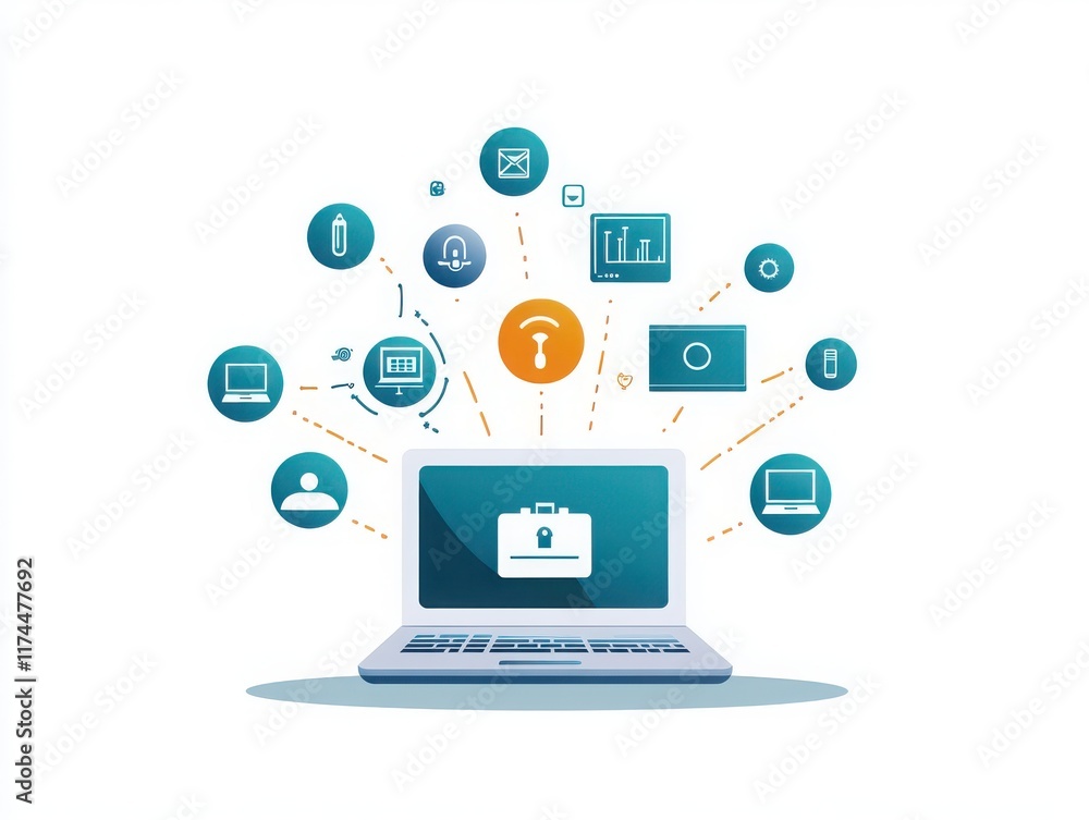 Poster an illustrated laptop surrounded by various digital icons representing technology and networking in 