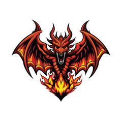 A fierce, angular dragon with sharp claws and wings, its scales ablaze with vibrant flames.