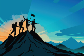 A silhouette of scouts standing on a mountain peak, arms outstretched, as the sun rises behind them.