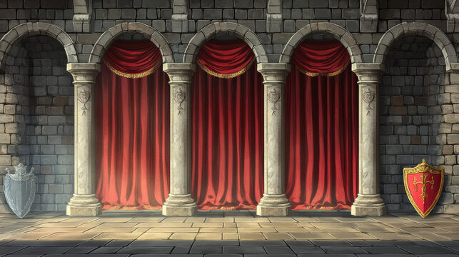 Fototapeta Ancient brick wall seamless background, vector stone castle interior, marble pillars, medieval shield. Vintage architecture gallery, rock columns, red curtains. Game brick wall backdrop, palace hall 