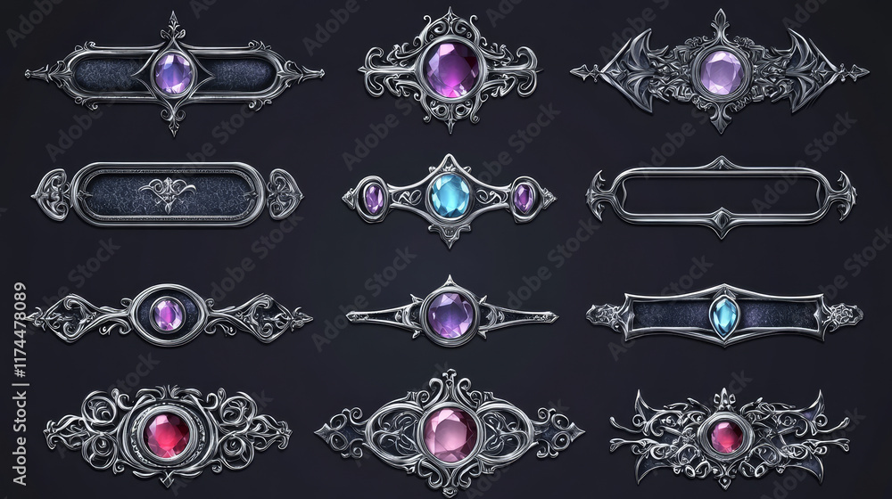 Poster empty square silver frames in medieval style for game ui design. vector cartoon set of user interfac