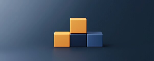 A minimalist arrangement of three colorful blocks-yellow, blue, and dark blue-set against a dark background, showcasing simplicity and geometric shapes.