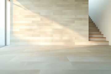 Obraz premium Light streams into a minimalistic interior space with wooden stairs and a bright atmosphere