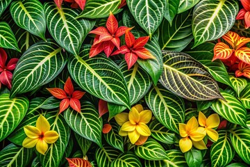 Fototapeta premium Botanical Tile Pattern: Mussaenda, Alocasia & Ylang Ylang Flowers - Tropical Floral Background