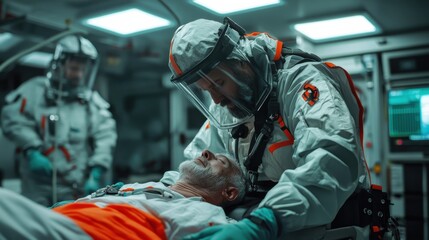 A paramedic attending to a patient in an emergency room setting