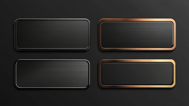 Set of steel tags with blank metal surface isolated on black background. Vector realistic illustration of silver or iron bolted plates, shiny button frames, nameplate badges with light reflection