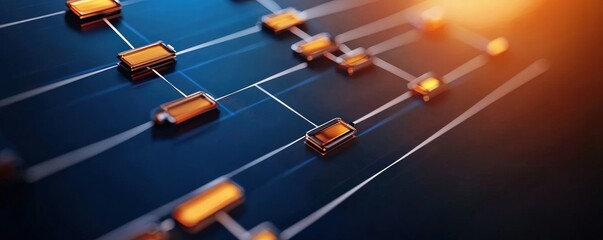 A digital circuit design featuring interconnected elements, showcasing a modern technology aesthetic with glowing highlights.