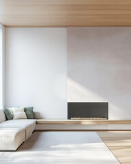 Modern living room with minimalistic design and cozy fireplace in bright space
