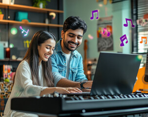 young Indian man and woman, smiling while they play on an electronic piano in the foreground with...