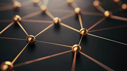 A close-up view of a geometric network of golden spheres connected by thin lines on a dark background, symbolizing interconnectedness and technology.