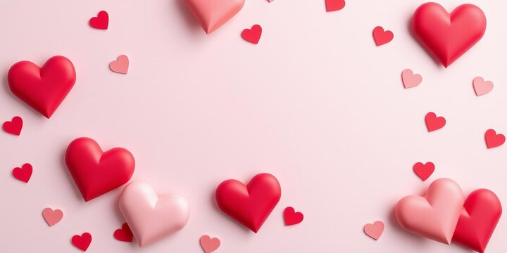 Paper pink hearts scattered across a soft pink background with copy space, perfect for Valentine's Day designs or concepts of love and romance, Valentine's Day, pink