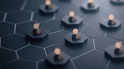 A close-up view of hexagonal shapes with small figures, resembling a network or community structure, highlighting connectivity and organization.