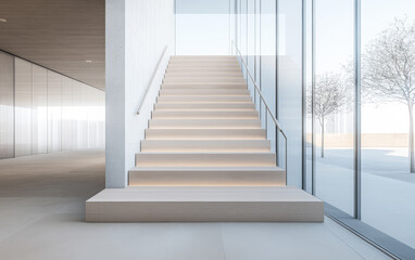 Obraz premium Modern staircase leading to a bright upper level with large glass windows