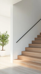 Obraz premium Modern interior featuring wooden staircase and indoor plant in brightly lit space
