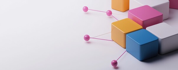A modern composition of colorful cubes connected by pink strings, creating a visually engaging geometric design.