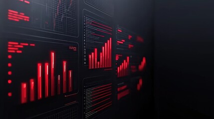A dark, tech-themed image featuring red data visualizations, including graphs and metrics, against a black background, emphasizing data analysis and technology.