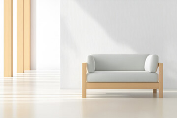 Modern minimalist sofa in a bright and airy living room with wooden accents