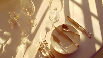 Elegant dining setup with glassware and cutlery, illuminated by soft sunlight.